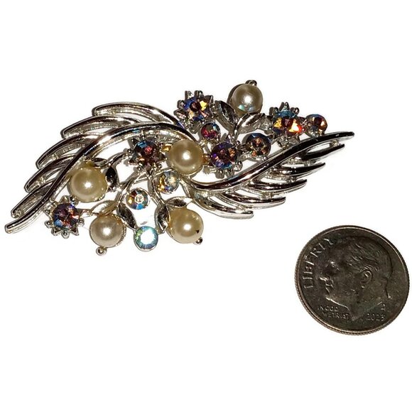 Signed Lisner  Silver Aurora Borealis Rhinestone Brooch 1950's Hollywood Glamour - Picture 4 of 8